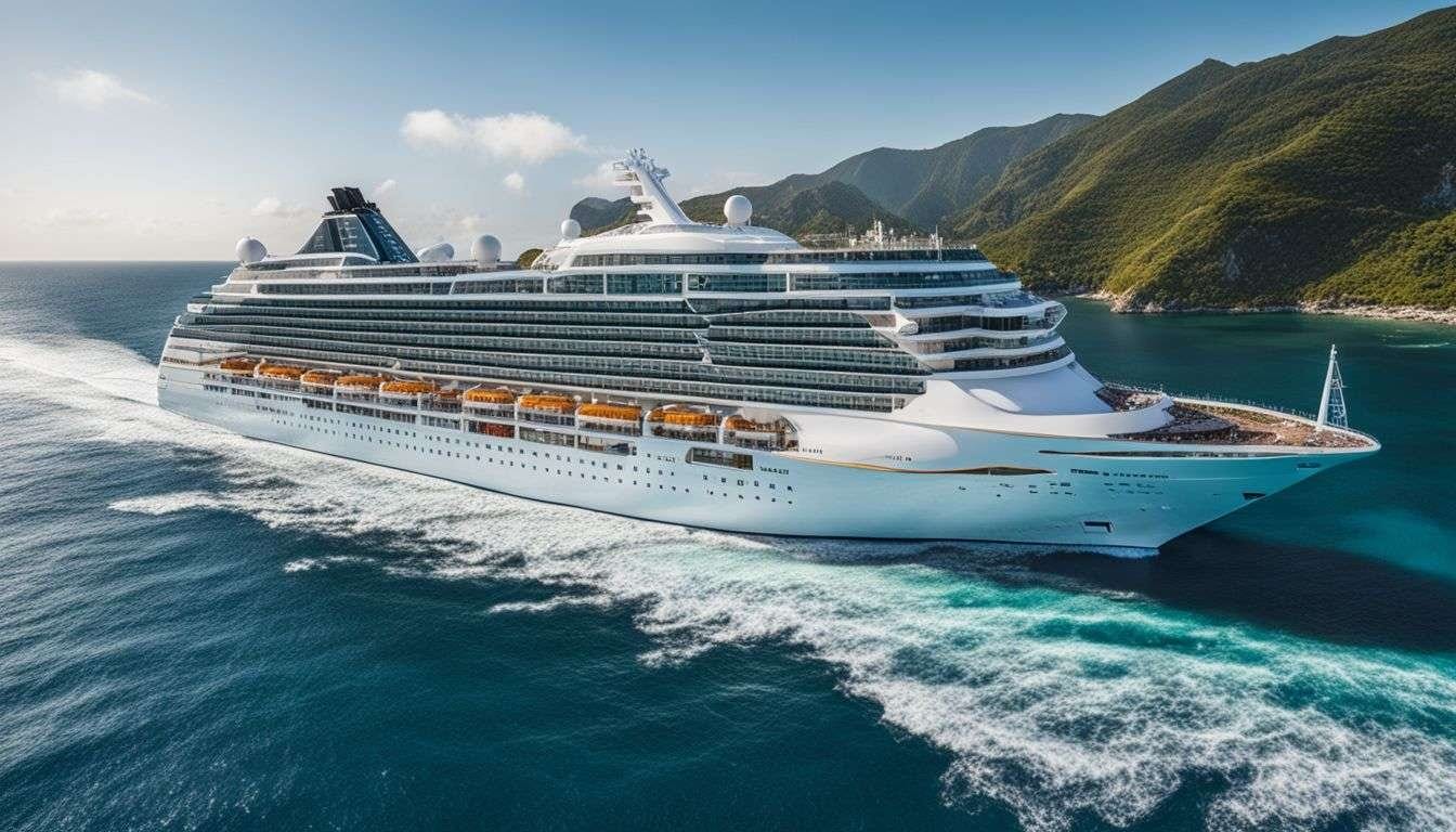 A cruise ship sailing in clear blue ocean water with a bustling atmosphere. A cruise ship sailing in clear blue ocean water with a bustling atmosphere.