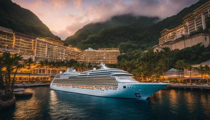 A luxurious cruise ship docked at a tropical port, surrounded by local vendors.