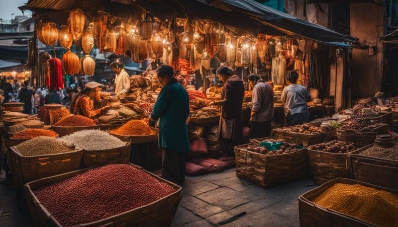 Local vendors sell traditional crafts in a bustling marketplace.