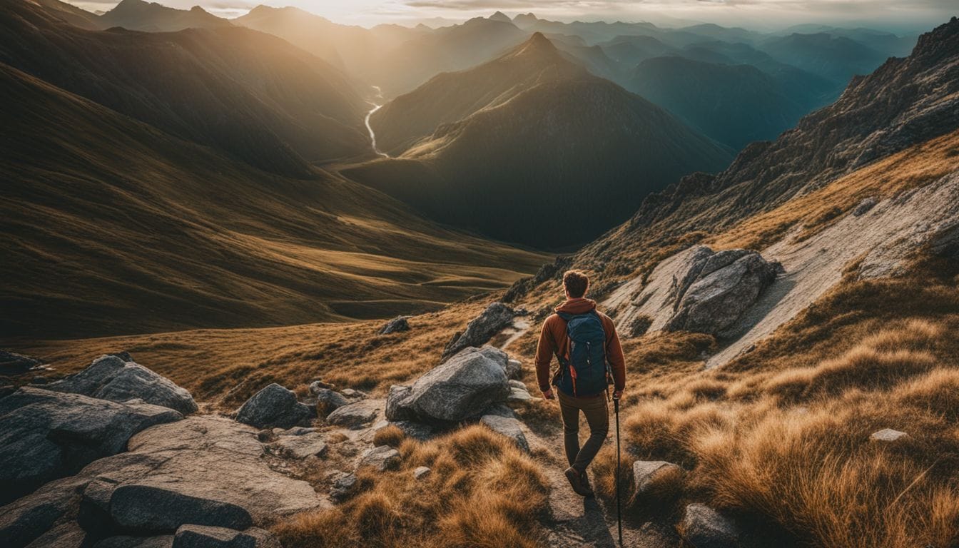 A man hiking alone in a beautiful mountain landscape. A man hiking alone in a beautiful mountain landscape.