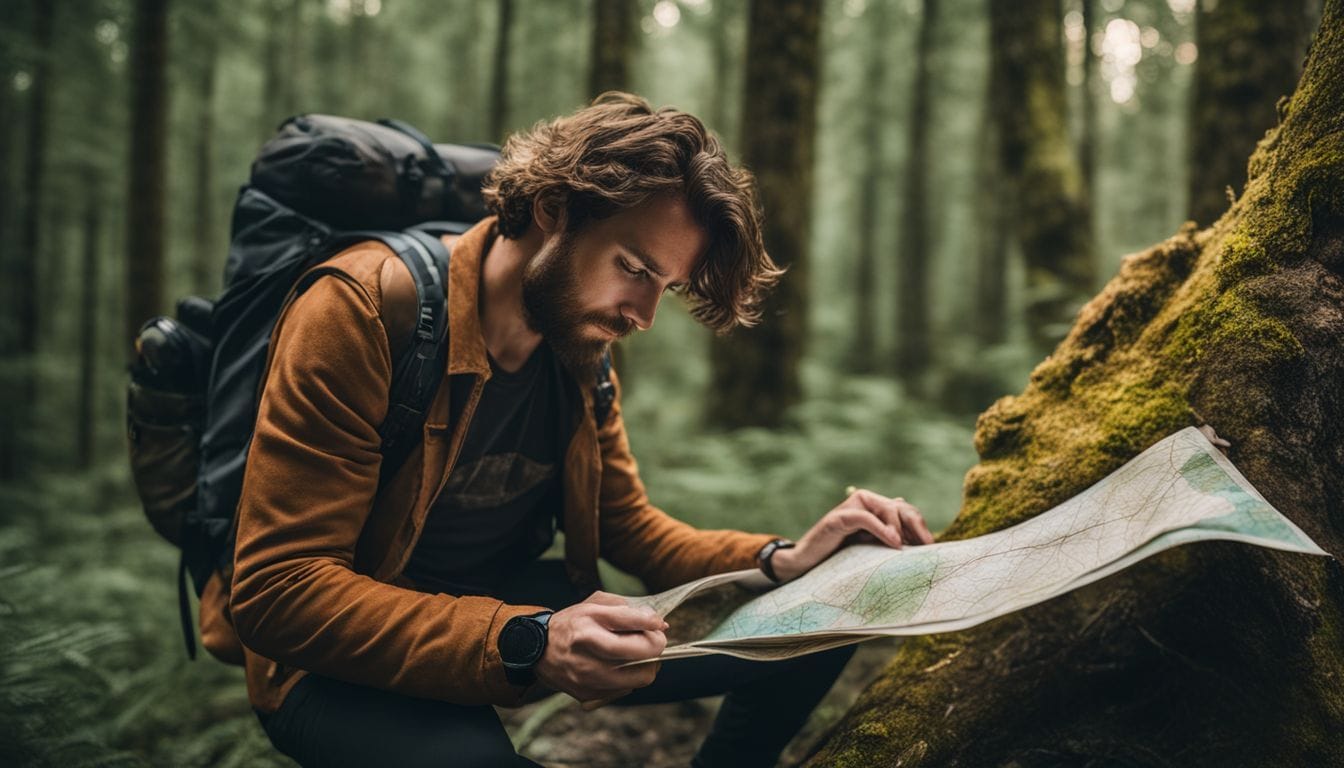 A man packs a backpack and checks a map in a serene forest. A man packs a backpack and checks a map in a serene forest.