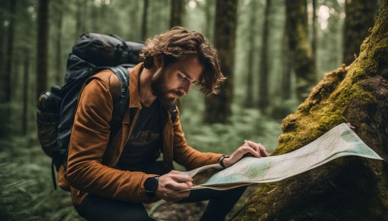 A man packs a backpack and checks a map in a serene forest.