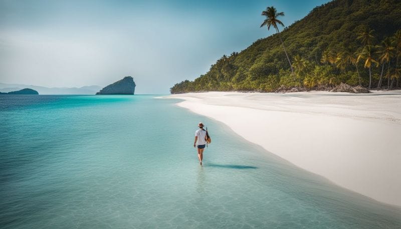 A solo traveler walking along a beautiful, pristine beach.