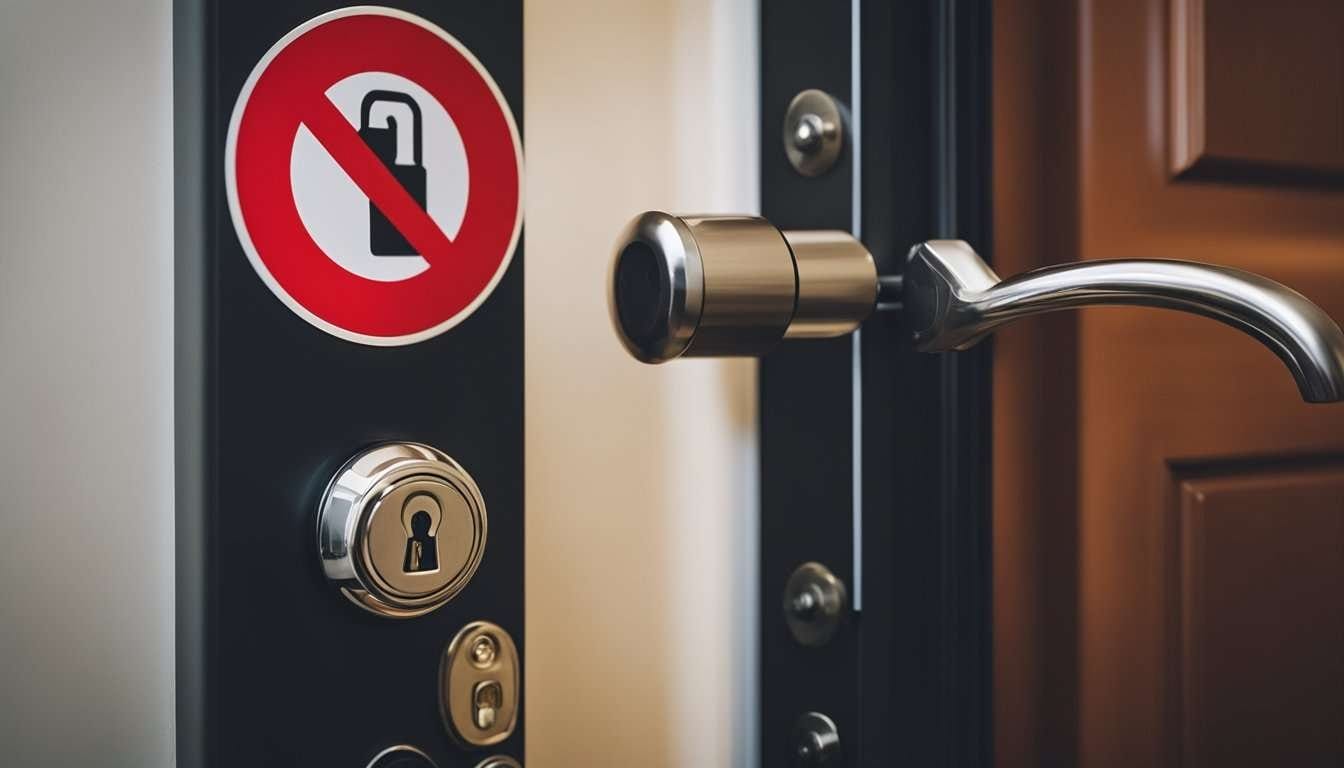 A sturdy lock secures the door of a well-lit hotel room, while a fire extinguisher and emergency exit sign are clearly visible