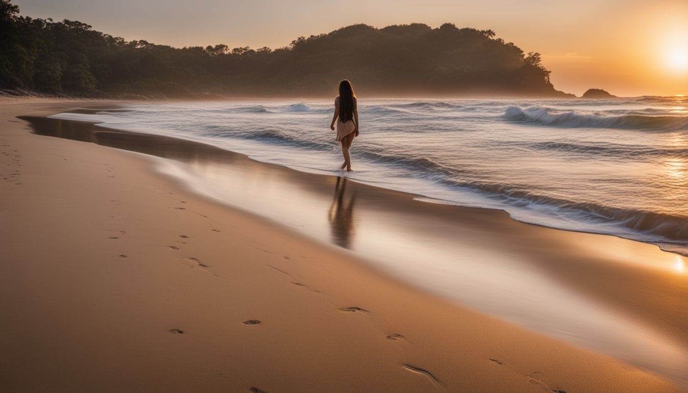 A tranquil beach at sunrise with diverse people enjoying the scenery.