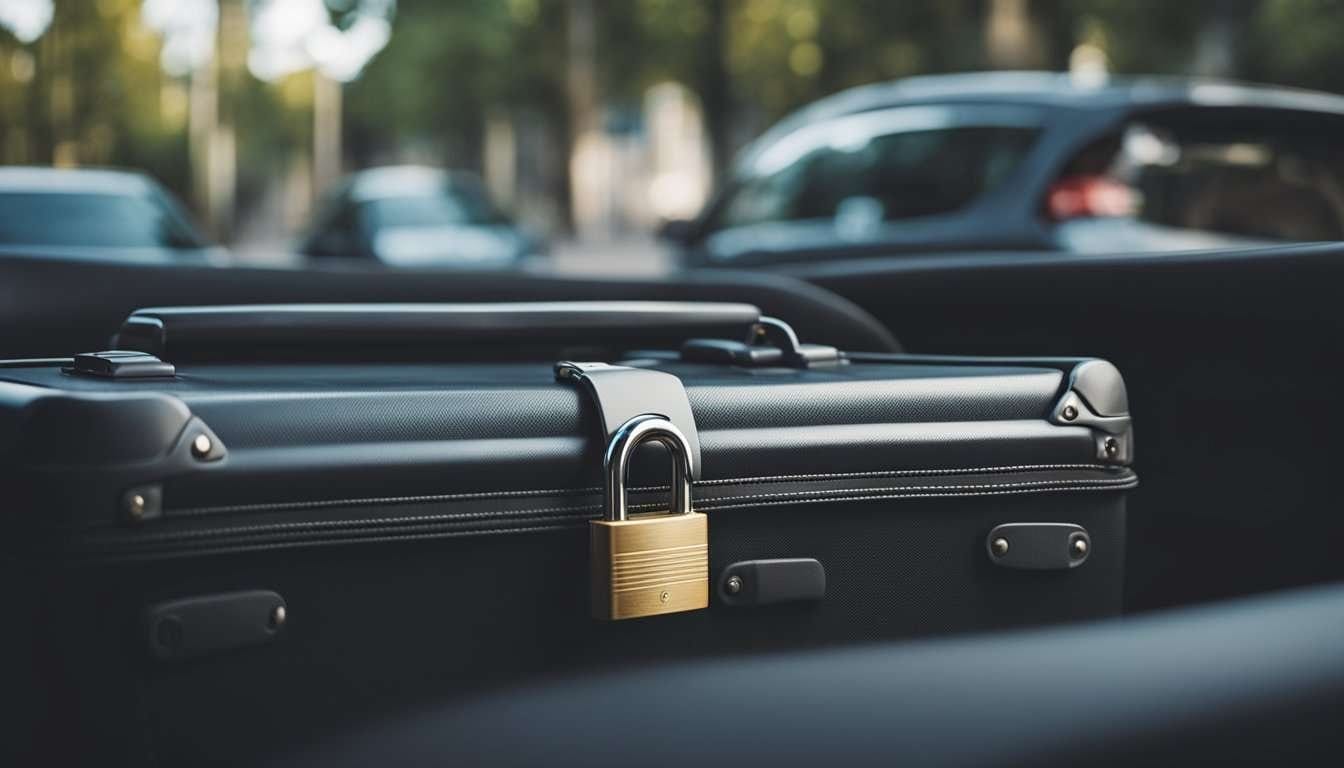 A sturdy suitcase secured with a padlock, surrounded by a seatbelt and airbag in a moving vehicle