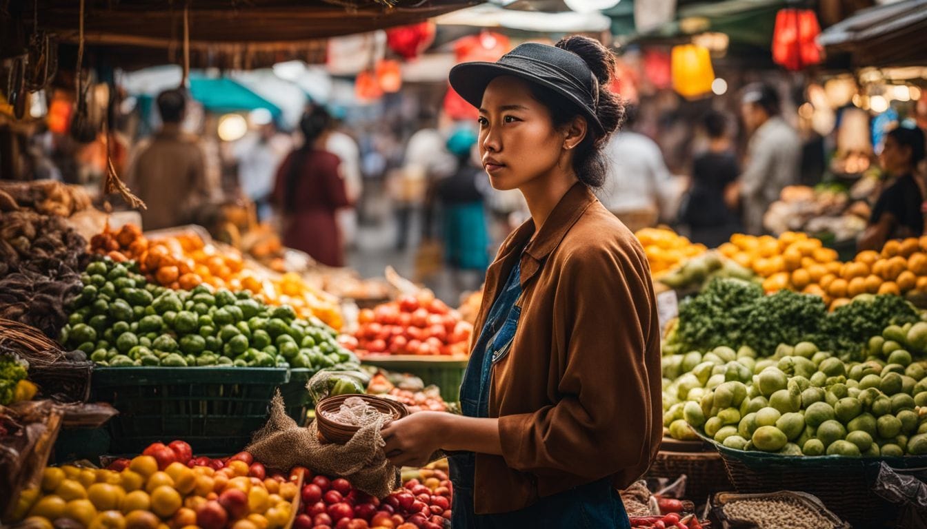 A responsible traveler exploring a sustainable local market in a bustling city. A responsible traveler exploring a sustainable local market in a bustling city.