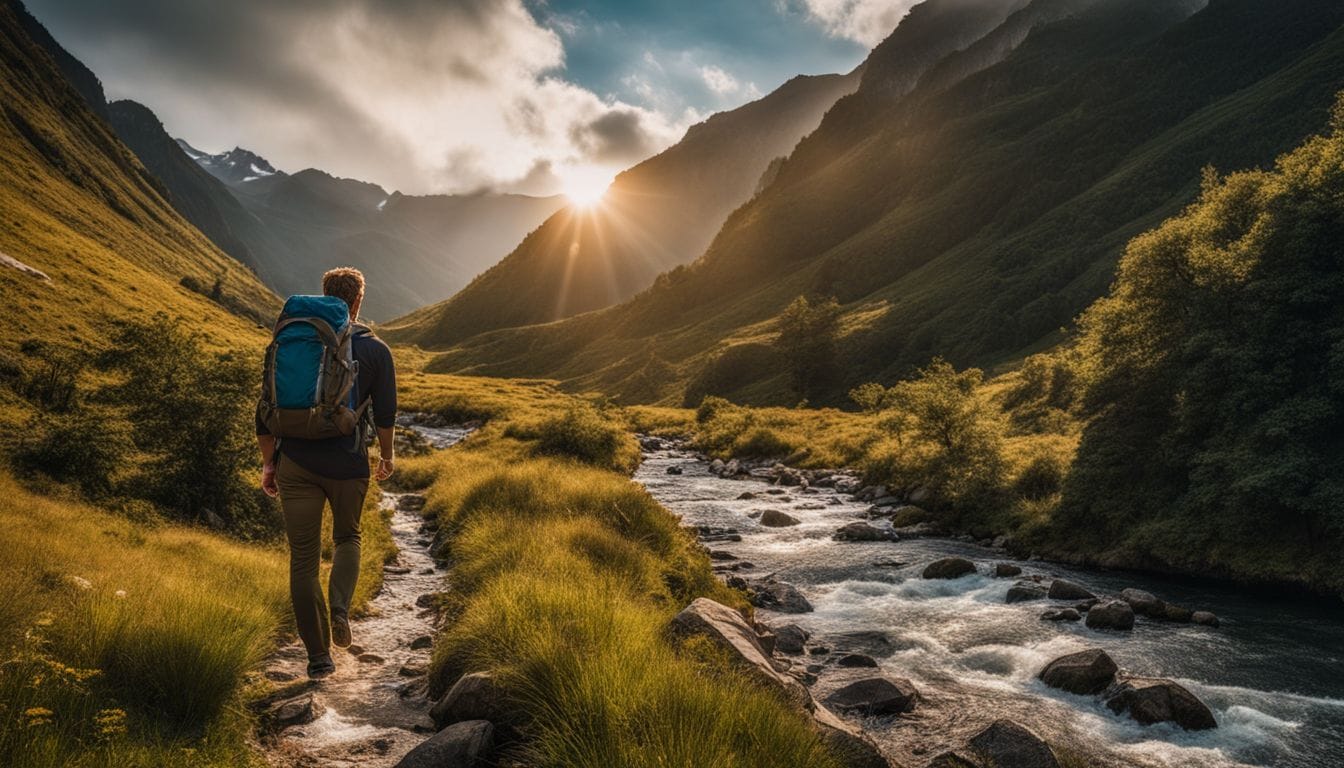 A scenic mountain landscape with a winding trail and a sustainable travel backpack. A scenic mountain landscape with a winding trail and a sustainable travel backpack.