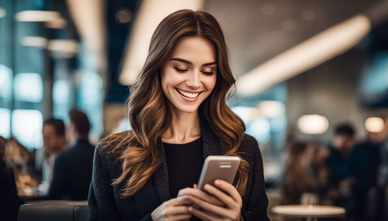 A traveler happily checks their phone for travel points in an airport lounge.