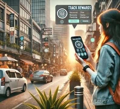 DALL·E 2024 07 27 02.42.14 A realistic urban landscape featuring a bustling city street with tall buildings shops and cafes. The scene includes a woman traveler holding a smar