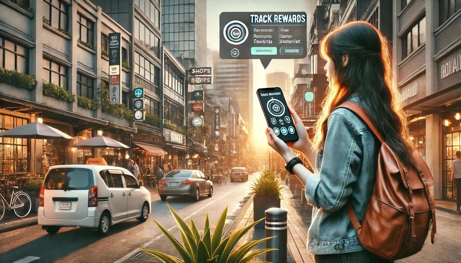 DALL·E 2024 07 27 02.42.14 A realistic urban landscape featuring a bustling city street with tall buildings shops and cafes. The scene includes a woman traveler holding a smar