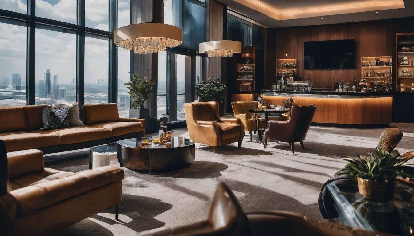 A person in an airport lounge surrounded by luxurious travel items. A person in an airport lounge surrounded by luxurious travel items.