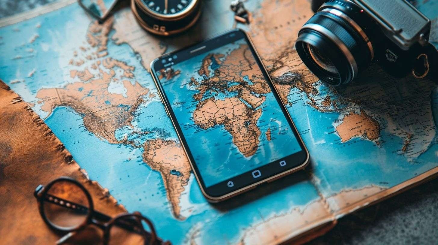 A smartphone displaying travel reward apps on a world map.