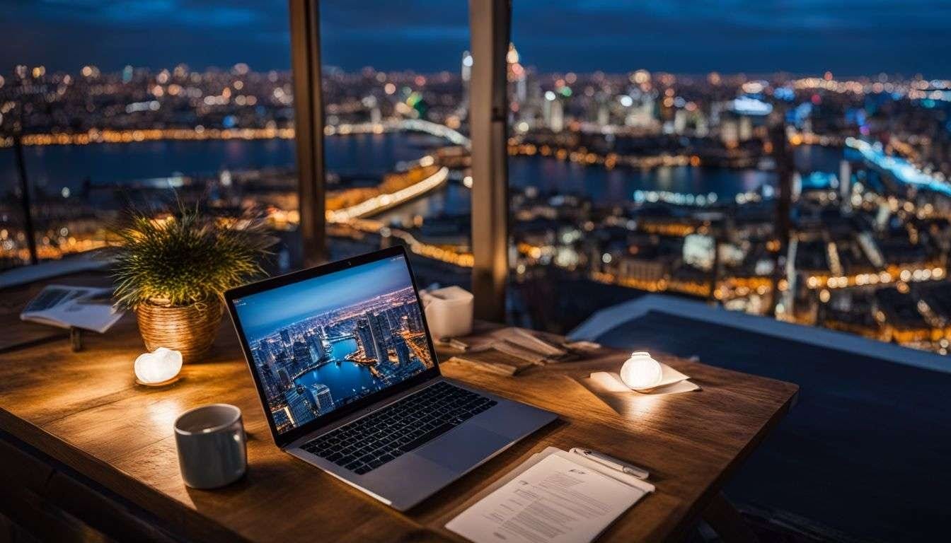A table covered with travel documents and a laptop, surrounded by city lights at night.