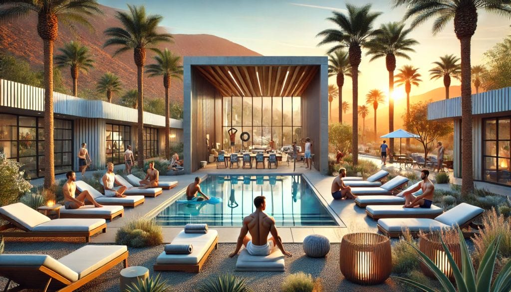 Modern wellness retreat with travelers meditating Travelers relaxing by the pool at a Palm Springs wellness retreat