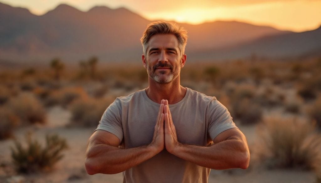 Peaceful traveler in a desert retreat with mountains in the background