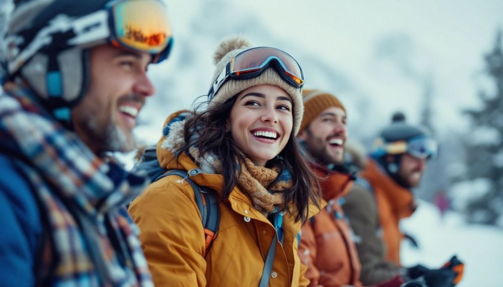 Group of travelers smiling while enjoying a ski trip in the snow