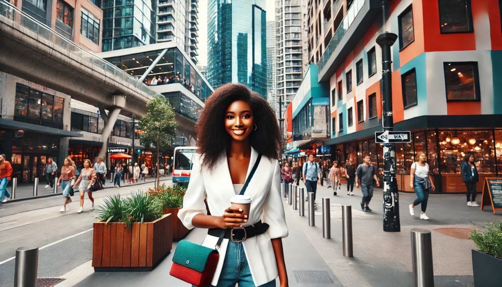 Solo traveler walking confidently through a modern metropolitan area Traveler enjoying a singles travel services adventure in a vibrant city street