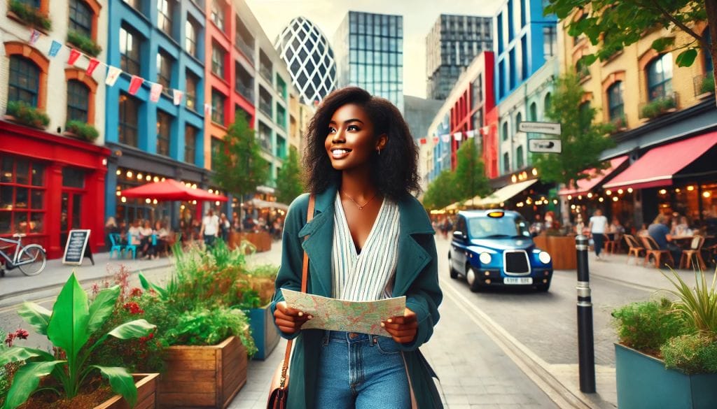 "Smiling traveler walking through a lively cityscape with a taxi in the background Solo traveler enjoying a vibrant urban area with shops