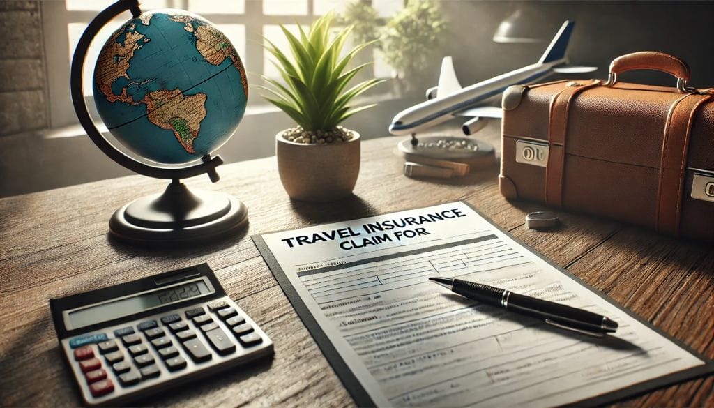 Travel insurance claim form on a wooden table alongside a globe, a calculator, a suitcase, a miniature airplane, and a potted plant.