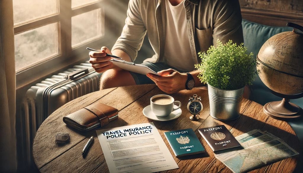 Person preparing travel documents, including passports, travel insurance, and a map, on a wooden table with a globe, compass, and coffee.