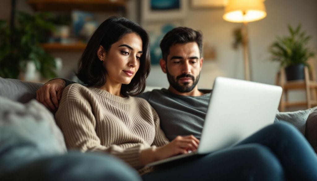 Couple sitting on a couch at home, using a laptop together in a relaxed setting