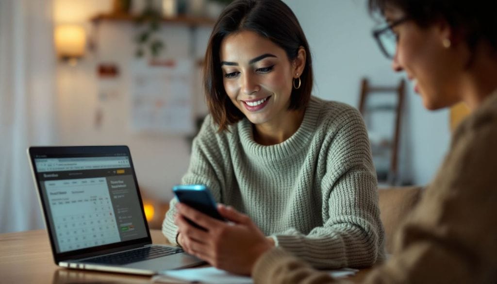 Two women sitting at a table, one holding a smartphone and smiling, with a laptop displaying a booking website in the background