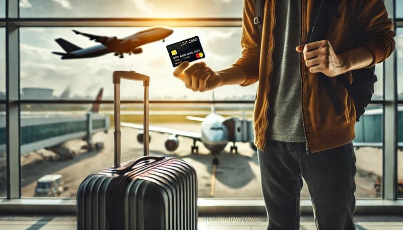 Traveler holding a credit card with a suitcase in front of a large airport window