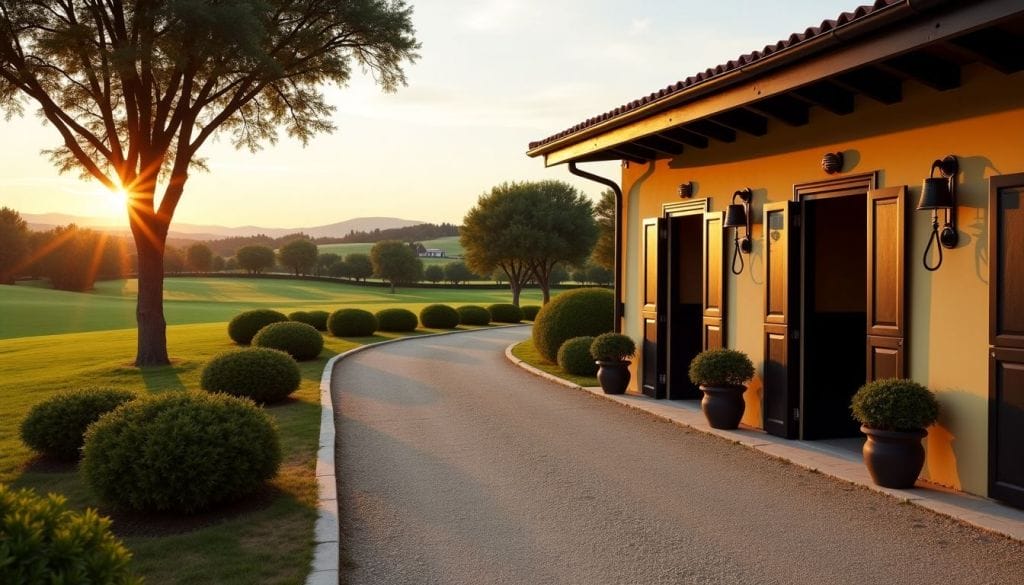 Sunset view of a horse stable with a driveway and greenery