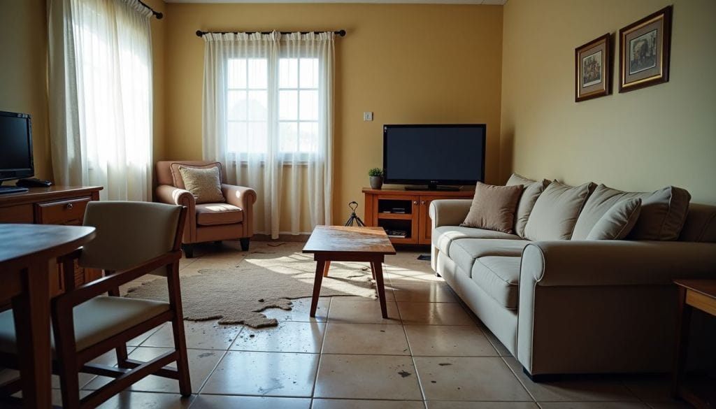 Modest living room with a beige sofa, armchair, wooden coffee table, and a television in a bright, naturally lit space.