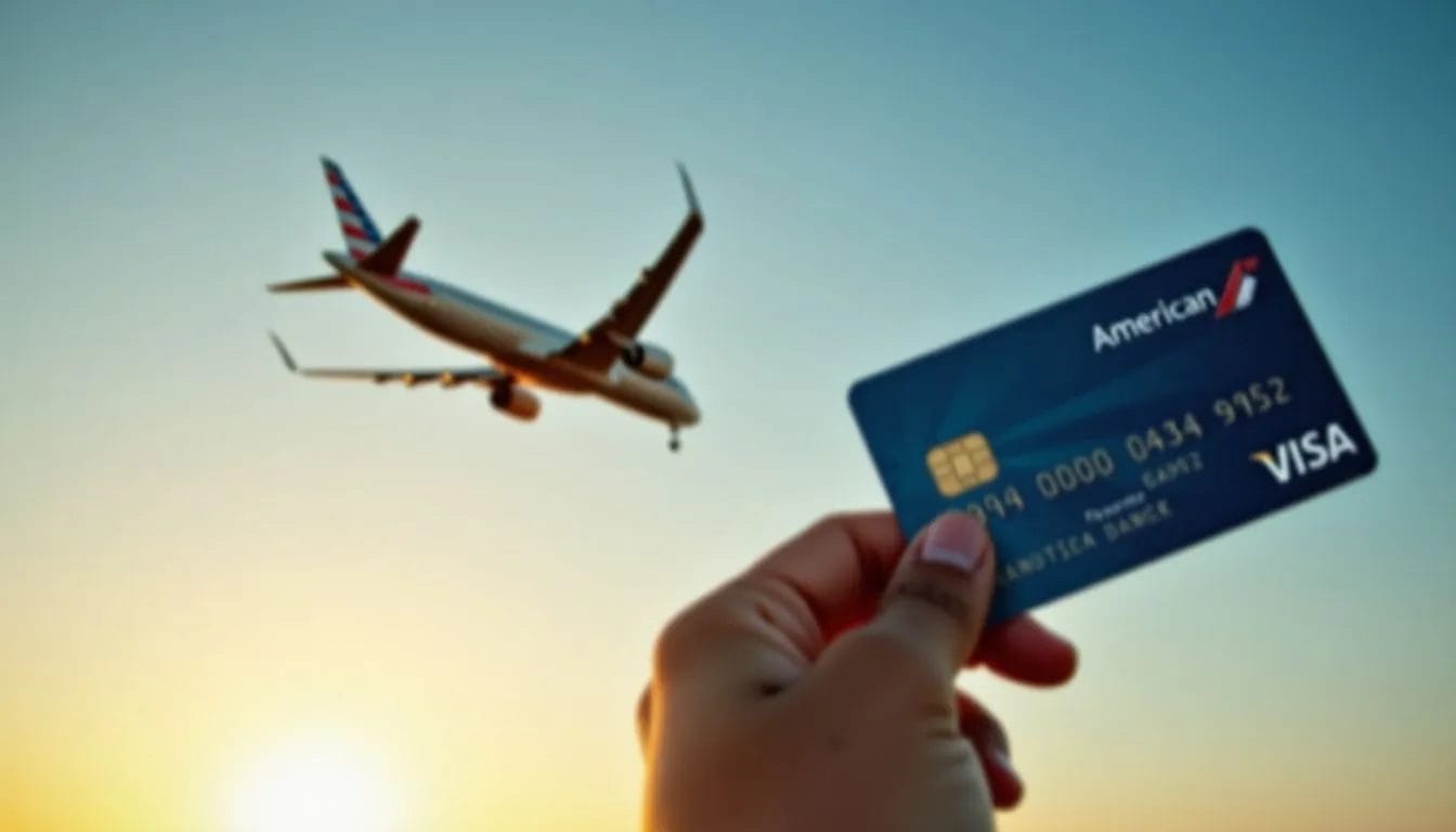 man's hand holding credit card looking at airplane