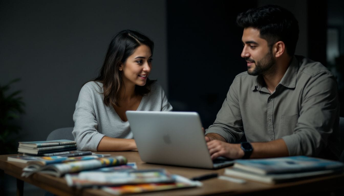 Two people discussing travel plans while working on a laptop. Man and woman sitting at a table, discussing something while looking at a laptop