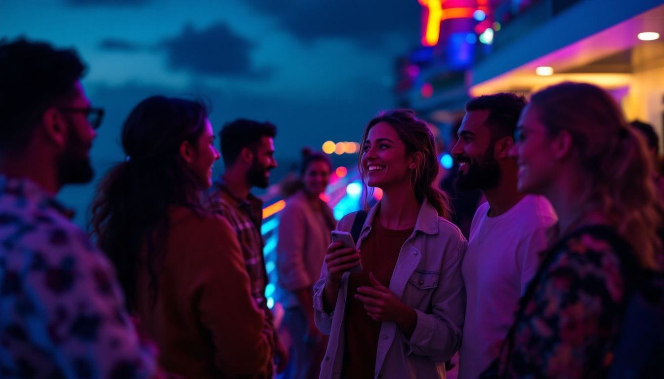 Group enjoying a night on a cruise ship. Group of people laughing and socializing on a cruise ship deck under evening lights.