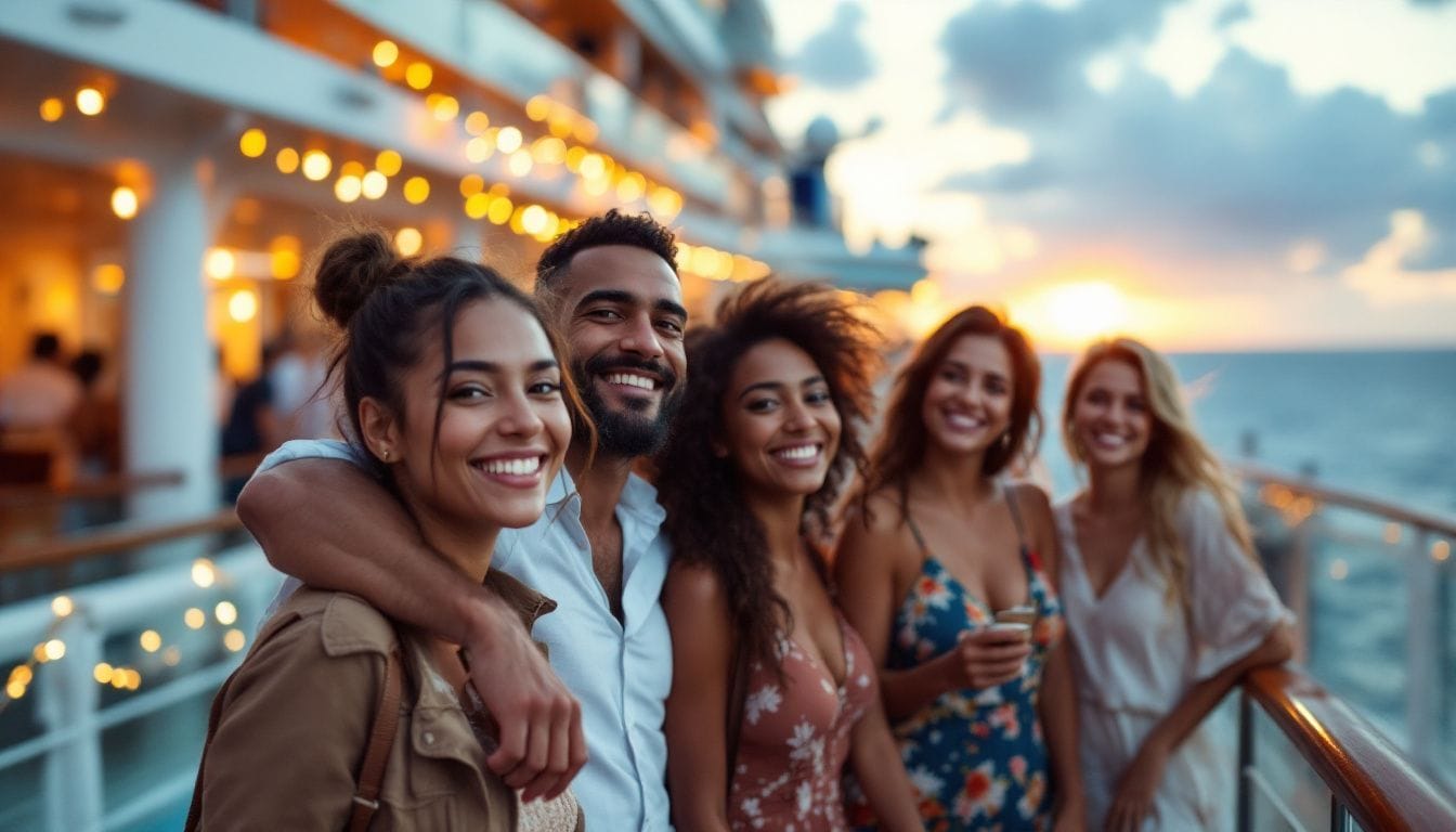 Friends posing and smiling on a cruise ship deck during sunset.
