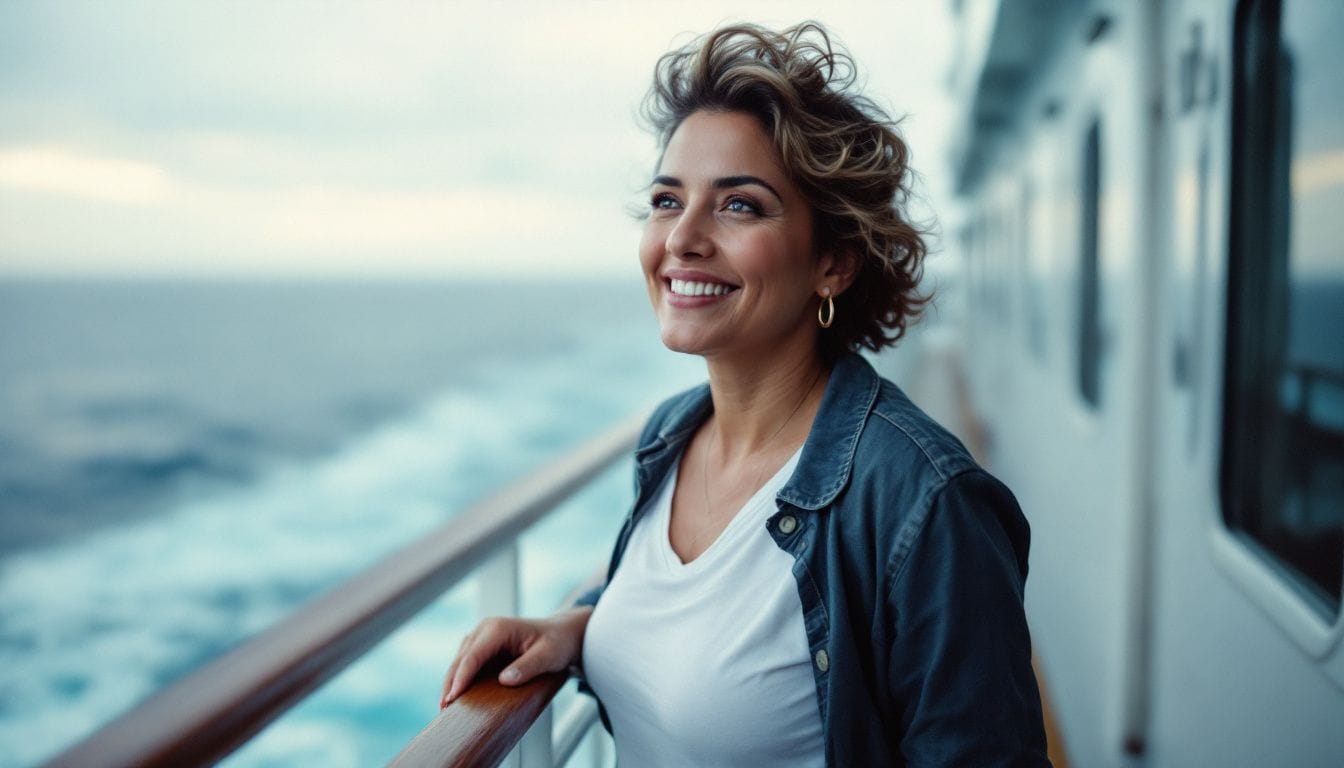 Woman enjoying a scenic ocean view from a cruise deck. Smiling woman enjoying ocean views from the deck of a cruise ship.