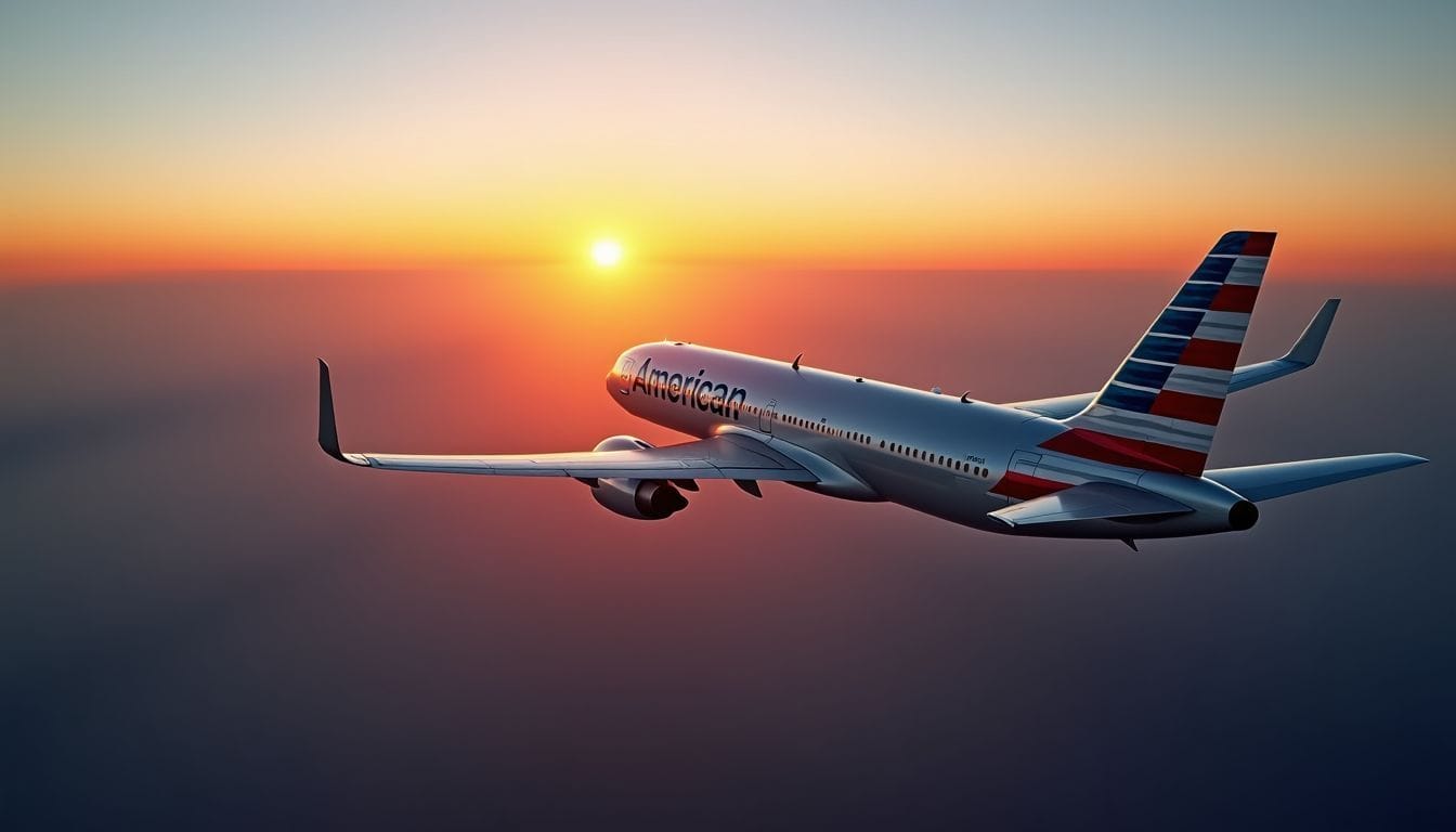 American Airlines plane flying at sunset, showcasing its branding American Airlines plane flying against a sunset sky.