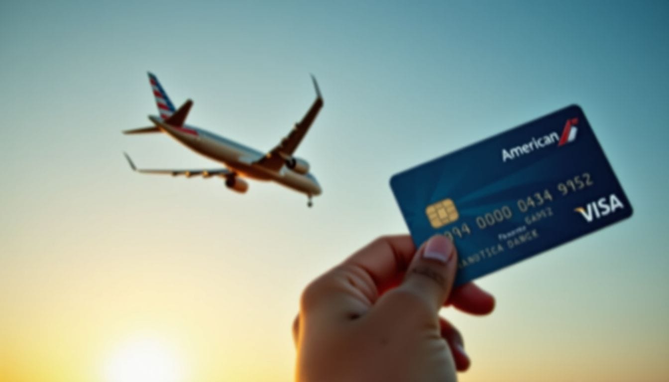 Hand holding an AMEX Points to American Airlines with an airplane flying in the background at sunset.
