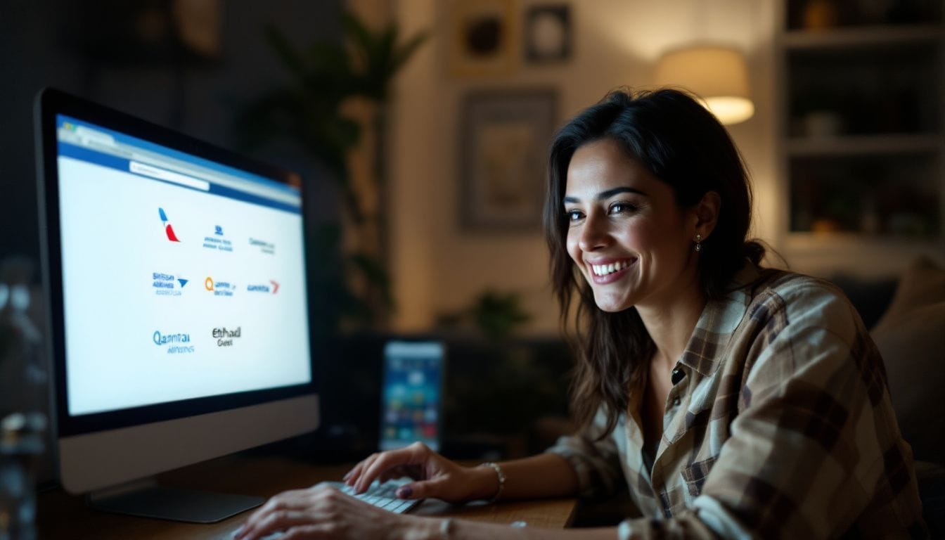 Smiling woman using a computer with airline logos on the screen