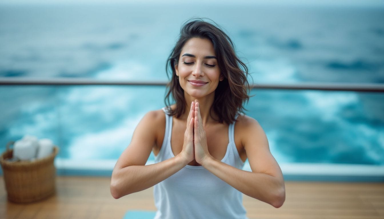 Woman meditating on a cruise deck with an ocean view. A woman practicing yoga with hands in a prayer pose on a cruise deck overlooking the ocean.