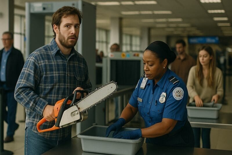 man with chainsaw at airport TWD